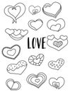 Set of hearts black and white stickers. Valentine`s day elements. Kids game coloring page.