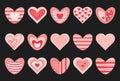 Set of hearts, different shapes, icons, signs on a black background. Vector illustration for Valentine's Day Royalty Free Stock Photo