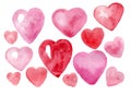 Set of hearts of different shapes, sizes and colors isolated on white background. Watercolor drawing. Royalty Free Stock Photo
