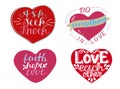 Set of 4 hearts with hand-lettering quotes Ask,seek,knock. Faith,hope,love.