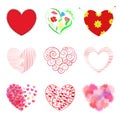 Set of 9 hearts: includes stitched heart, ornament in the shape.Vector illustration