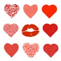 Set of hearts and lips.Red Hearts of particles on white background for t-shirt print, flyer, poster design. The heart consists Royalty Free Stock Photo