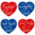 A set of hearts for souvenirs on the theme of the United Kingdom, Great Britain, England, London in the national colors. Vector Royalty Free Stock Photo