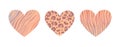 Set of hearts for Valentines Day. trendy color Peach Fuzz. With an animalistic pattern. Zebra, leopard, tiger. Safari