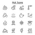 Set of  heat related vector line icons. contains such Icons as heating, temperature, hot coffee, spicy, chili, summer, sun, Royalty Free Stock Photo