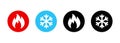 Set of heating and cooling icons. Hot and cold icon. Fire and snowflake sign. Heating and cooling button. Vector EPS 10. Isolated