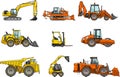 Set of heavy construction machines. Vector