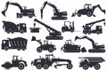 Set of heavy machinery silhouettes, truck, soil compactor, backhoe, excavator, forklift, front loader, crane, motor grader, hammer