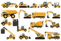 Set of heavy machinery, truck, soil compactor, backhoe, excavator, forklift, front loader, crane, motor grader, hammer, for Royalty Free Stock Photo