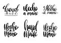 Set of Hecho A Mano calligraphy, spanish translation of Handmade phrase. Hand lettering in vector.