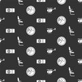 Set Helicopter, Airplane seat, Airline ticket and Radar with targets on monitor on seamless pattern. Vector