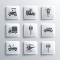 Set Helicopter, Road traffic signpost, Hatchback car, Parking, Tow truck, Delivery cargo, Tractor and Scooter icon