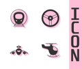 Set Helicopter, Train and railway, Plane and Steering wheel icon. Vector Royalty Free Stock Photo