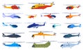 Set of helicopters on a white background. Rescue, civilian, cargo, military helicopters.