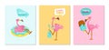 Set of Hello Summer Banners with Pink Flamingo Play Ukulele, Float Inflatable Ring and Eating Ice Cream Royalty Free Stock Photo