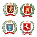 A set of heraldic coats of arms. Lion, griffin, tree and horse on the background of shields