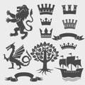 Set of heraldic symbols. Crown, lion, dragon, ribbon, tree, horse