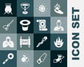 Set Hermes sandal, Fire flame, Wizard warlock, Magic stone, hat, Witches broom, cauldron and scroll icon. Vector Royalty Free Stock Photo