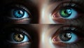 Set. Heterochromia. close-up macro photography. Human eye. Woman, female, she, feminine, pretty. Cornea, Iris, Pupil, Lens, Retina Royalty Free Stock Photo