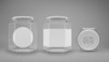 A set of hexagon glass jars with lids. A transparent jar with a white lid and labels. Realistic 3D illustration. Vector Royalty Free Stock Photo