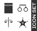 Set Hexagram sheriff, Plastic bag with ziplock, Scales of justice and Handcuffs icon. Vector Royalty Free Stock Photo