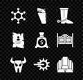 Set Hexagram sheriff, Revolver gun in holster, Cowboy boot, Buffalo skull, Spur, Gold bars, Wanted western poster and