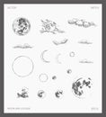Set of high detail drawn vector moon clouds sketch
