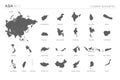 Set of 25 high detailed silhouette maps of Asian Countries and territories, and map of Asia vector illustration