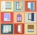 Set of high quality various Vintage Windows with curtains. Vector illustration