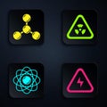 Set High voltage, Molecule, Atom and Triangle with radiation. Black square button. Vector