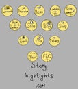 Set of highlights stories covers icons in grey, yellow and white colors. Perfect for personal shop or bloggers. Fully editable, sc