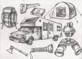 set of highly detailed hand drawn camping stuff. Vintage signs collection.