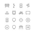 Set of highway and navigation icons, direction, barrier, bicycle, signboard, location, way, viaduct.