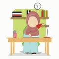 Set of Hijab girl cartoon character doing home work, vector illustration