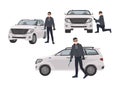 Set of hijacker wearing black clothes and mask standing beside car and trying to break into it. Male cartoon character Royalty Free Stock Photo