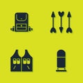 Set Hiking backpack, Bullet, Hunting jacket and Hipster arrows icon. Vector