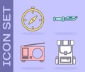 Set Hiking backpack, Compass, Radio with antenna and Camping knife icon. Vector