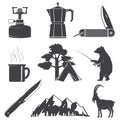 Set of Hiking and Camping icons isolated on the white background. Vector. Set include fishing bear, mountains, knife Royalty Free Stock Photo