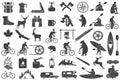 Set of Hiking and Camping icons isolated on the white. Vector. Set include fishing bear, mountains, knife, tent, cup
