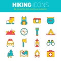 A set of hiking thin lined flat icons with camping elements