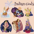 Set of hindu gods meditation in yoga poses lotus and Goddess hinduism religion, traditional asian culture