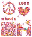 Set for hippie wallpaper with funny butterflies, colorful flowers and mushrooms, peace flowers symbol, heart shape Royalty Free Stock Photo