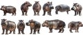 Set of hippopotamus with front side and back views isolated Royalty Free Stock Photo