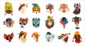 Set of hipster animals. Funny owl, cat, dog, fox, wolf, koala, shark, elephant wearing sunglasses and cap vector Royalty Free Stock Photo