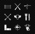 Set Hipster arrows, Two crossed shotguns, Gun shooting, Cartridges, Hunt on duck with crosshairs, deer, Crossed and