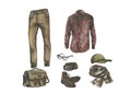 Set of hipster designer clothes, shoes and bag for man. Casual outfit watercolor illustration.
