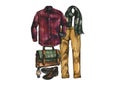 Set of hipster designer clothes, shoes and bag for man. Casual outfit watercolor illustration.