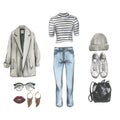 Set of hipster designer clothes, shoes and bag for woman. Casual outfit watercolor illustration. street style look.