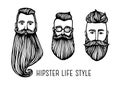 Set of Hipster heads with beards. Hand-Drawn Doodle. Vector Illustration - stock vector. Hand drawn cartoon character Royalty Free Stock Photo