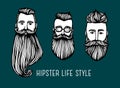 Set of Hipster heads with beards. Hand-Drawn Doodle. Vector Illustration - stock vector. Hand drawn cartoon character